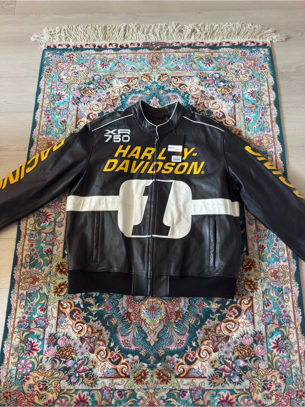 Harley-Davidson Black Leather Racing Jacket with Yellow and White Graphics